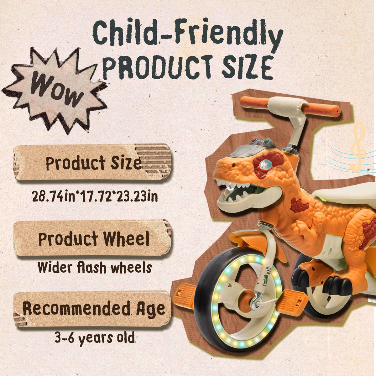 Xuanlur Kids Ride on Dinosaur Tricycle, Toddlers Kid Trike with Wide Flash Wheels, Anti-Slip Pedals, Rear Basket, Music & LED Lights, Toddler Bike Toys Gift for 3-6 Year Old Boys & Girls (Green)
