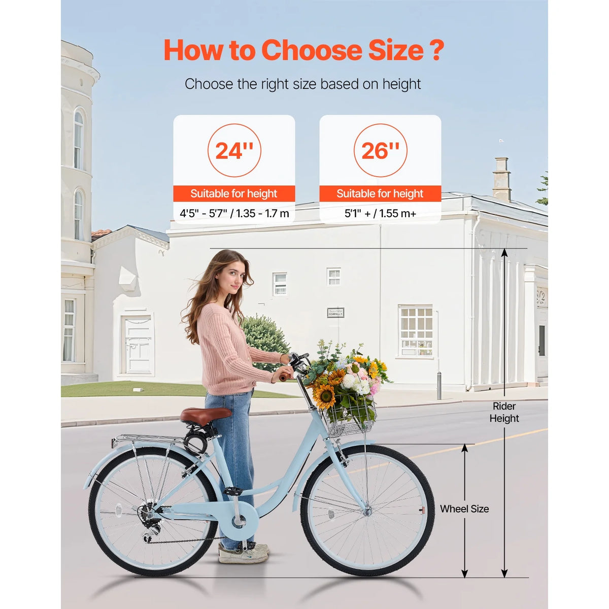 KFFKFF 26" Cruiser Bike, 7-Speed,Pale Blue Coastal Riding Bike with Spacious Basket and Back Stand, Safe & Robust Bicycle with Modifiable Saddle