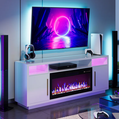 BELLEZE Fireplace TV Stand for TVs Up To 75", Entertainment Center with 36" Electric Fireplace, LED Ambient Lighting, and Storage, Media Console Table 69 Inch - Avenue (Black)