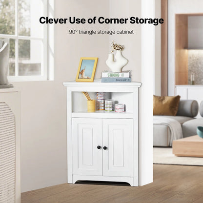 KFFKFF 32" Corner Utility Cabinet, Tri-Level Compact Storage Unit with Dual Wooden Doors & Flexible Shelving, Independent Corner Cabinet for Lounge, Kitchen, Laundry Area, Restroom, in White