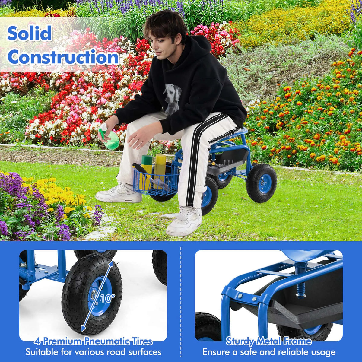 Costway Garden Cart Rolling Work Seat for Planting with Extendable Handle Green