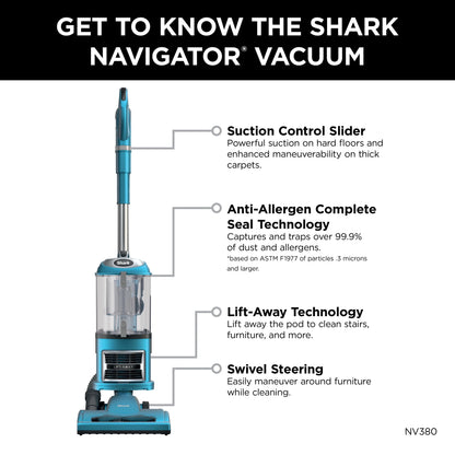 Shark Upright Vacuum, Navigator Lift-Away with Powerful Suction, Bagless, Hard Floor and Carpet, Large Dust Cup, Hepa Filter, Swivel Steering, Upholstery & Crevice Tool, NV380, Blue