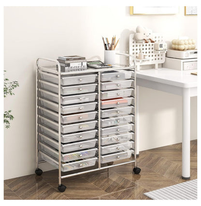 20 Drawers Storage Cart w/Rolling Wheels, Semi-Transparent Mobile Rolling Drawer Cart for School Classroom Office Home Salon, Files Scrapbook Craft Organizer, Utility Cart on Wheels (Clear)