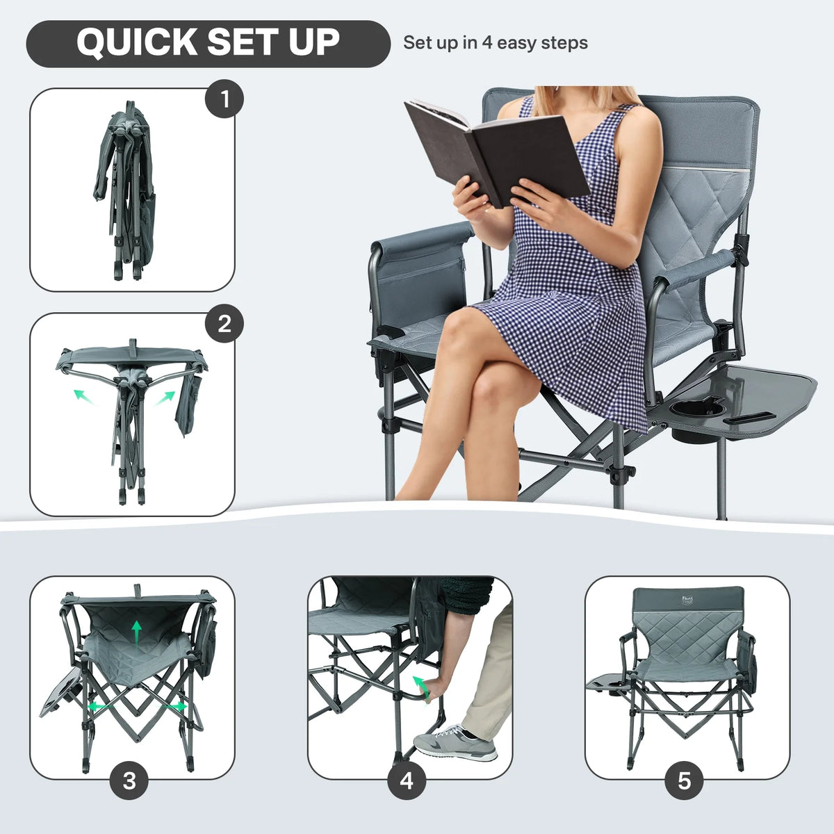 TIMBER RIDGE Portable Director Chair, Heavy Duty Camping Folding Chair with Compact Size with Side Pocket and Side Table, Support 400 lbs, Grey