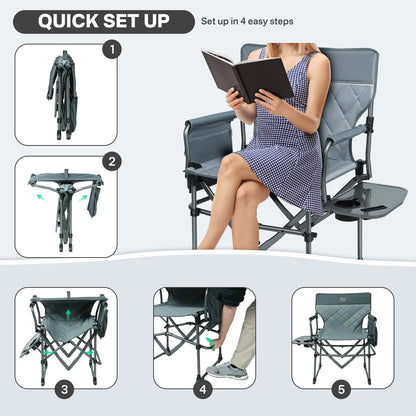 TIMBER RIDGE Portable Director Chair, Heavy Duty Camping Folding Chair with Compact Size with Side Pocket and Side Table, Support 400 lbs, Grey