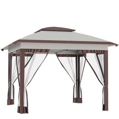 12' X 12' Pop Up Canopy Tent with Netting and Carry Bag,Double Canopy, Instant Sun Shelter with 137 Sq.ft Shade, Tents for Parties, Height Adjustable, for Outdoor, Garden, Patio, Beige and Brown