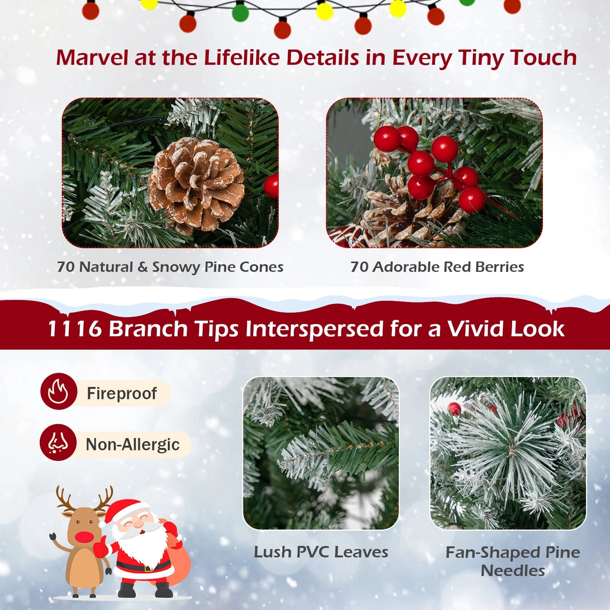 Costway 7 FT Pre-Lit Artificial Christmas Tree Hinged with Pine Needles 400 LED Lights