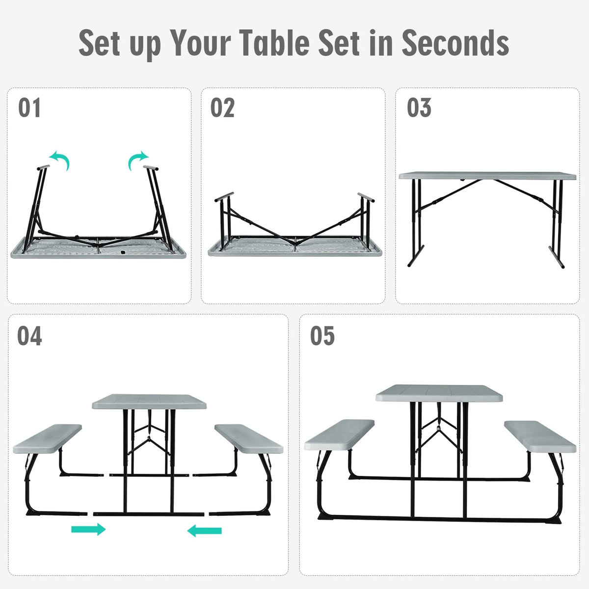 Gymax Folding Picnic Table & Bench Set for Camping BBQ w/ Steel Frame Grey