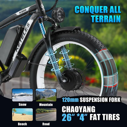 KETELES Electric Bike for Adults, Peak 4000W Dual Motor Ebike��26" Fat Tire Electric Mountain bike,  48V 23AH Removable Battery UL 2849.
