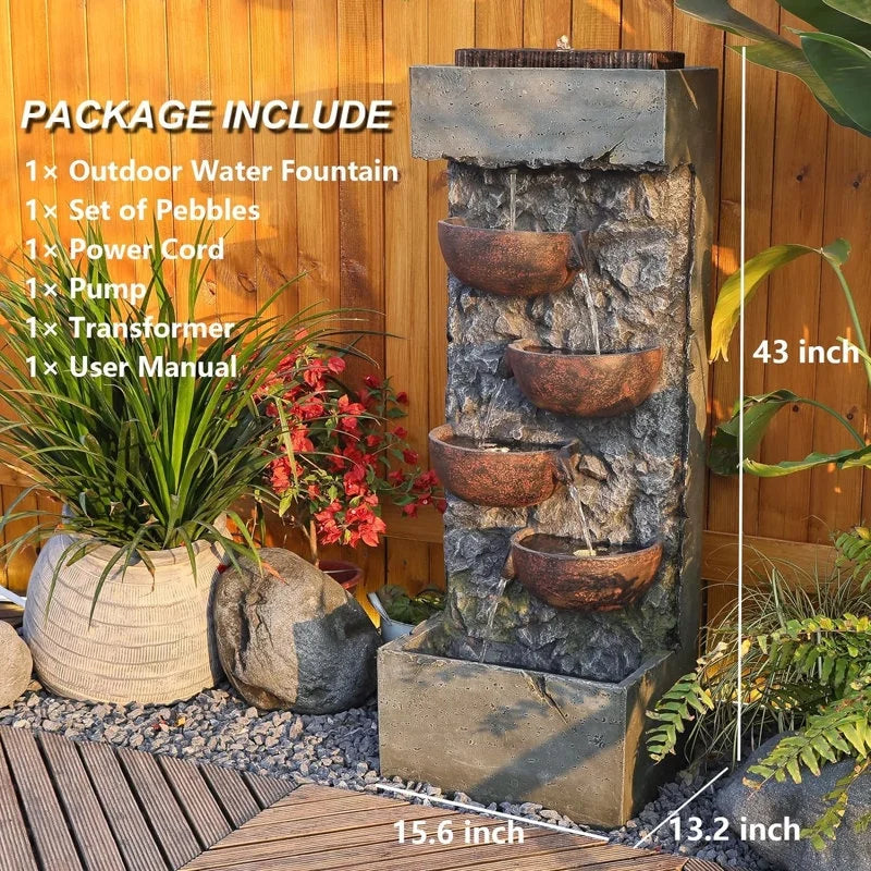 Floor Standing Water Fountains Garden Water Fountain Cascading Bowl Waterfalls with LED Lights for Garden, Living Room, Patio, Home Decor