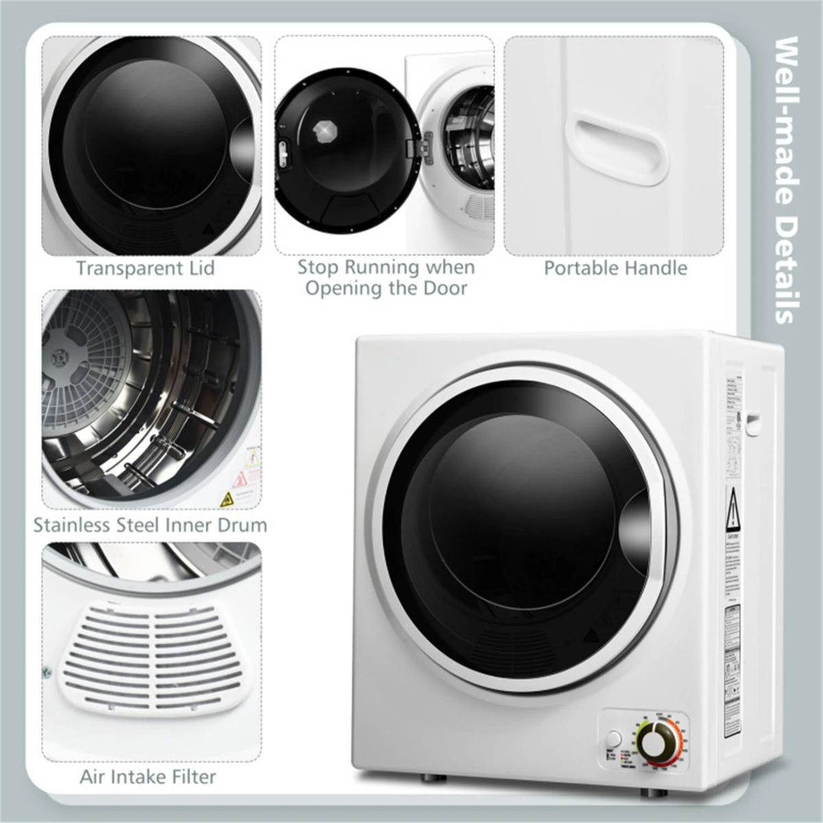 850W Compact Portable Clothes Dryer - 10 lbs Wet Capacity, 5.5 lbs Dry Load, Quiet Design (
