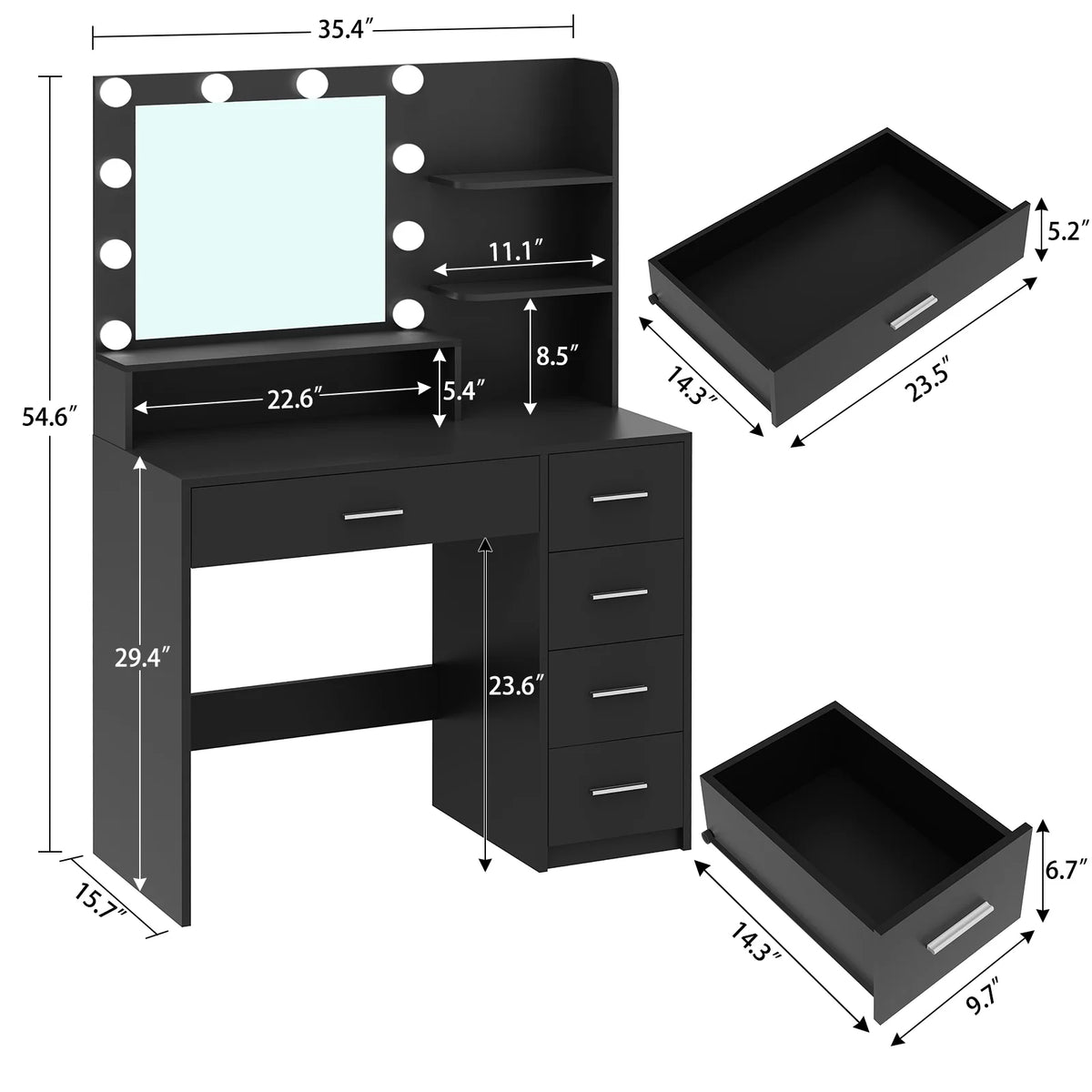 Makeup Vanity Desk with Mirror & Lights, Vanity Table with 5 Drawers & Storage Shelves, Makeup Vanity , 3 Color Modes & Adjustable Brightness Dressing Table, Bedroom, White