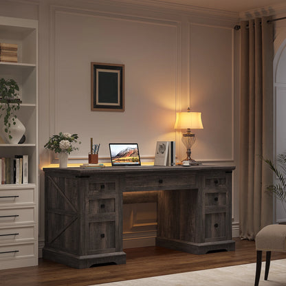 EnHomee Farmhouse Desk with Drawers, Wood Home Office Desk with Charging Station, Antique White