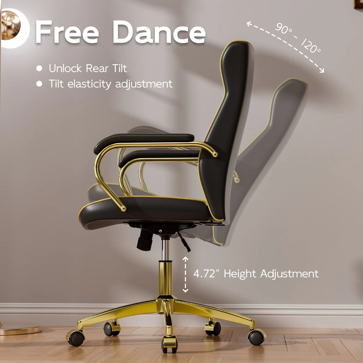 Ninecer White and Gold Office Chair with Soft Leather Embroidery, Mid Back Vintage Swivel Executive Desk Chair with Wheels and Padded Arms, Adjustable Height