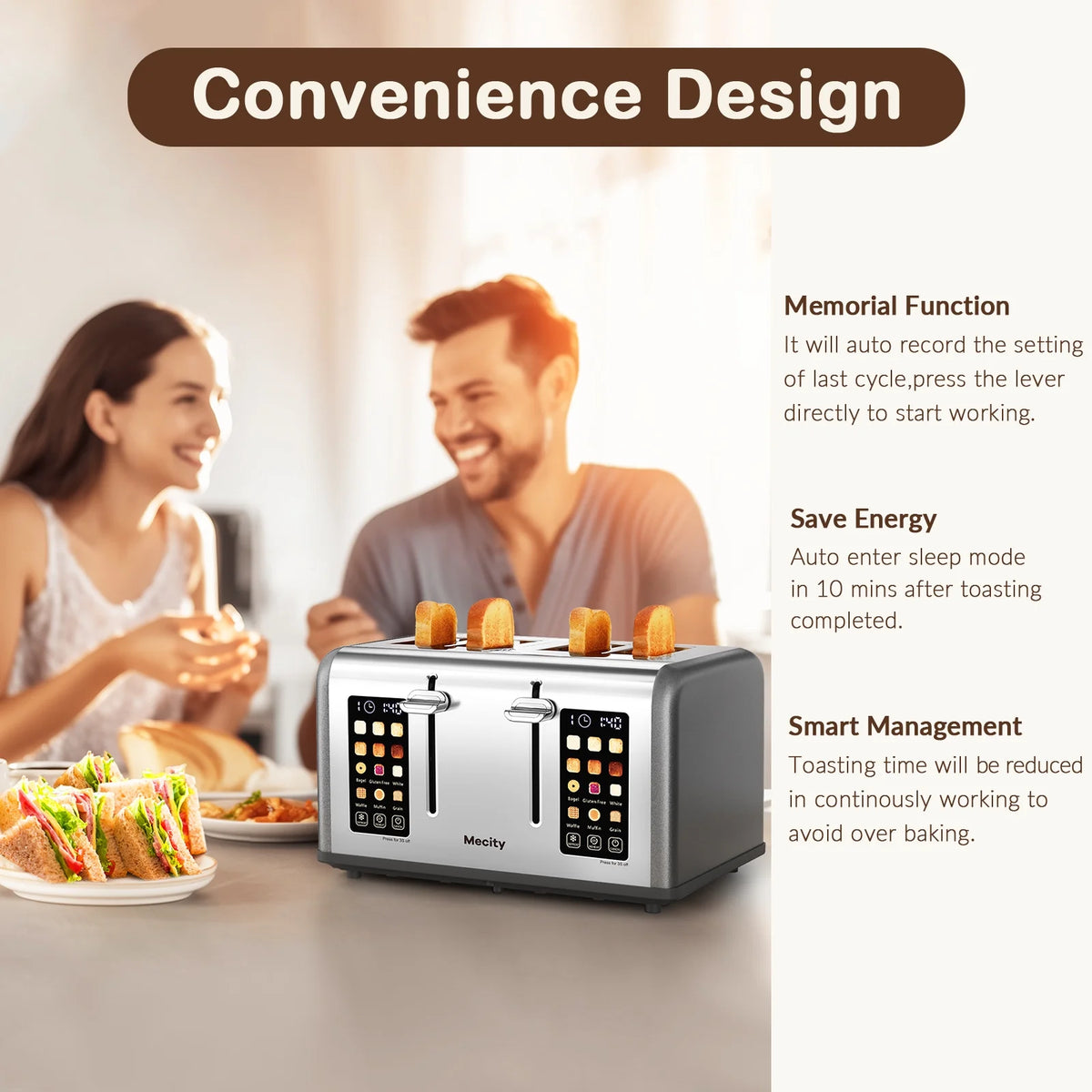 Mecity 4-Slice Touchscreen Toaster, Stainless Steel, 6 Browning Settings, Reheat, Cancel, Defrost, Removable Tray