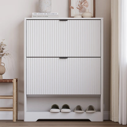 FANRAL Shoe Cabinet with 2 Flip Drawers & Open Storage,Fluted Shoe Storage Cabinet Rack Organizer with Adjustable Shelves for Entryway,Closet,Hallway,White