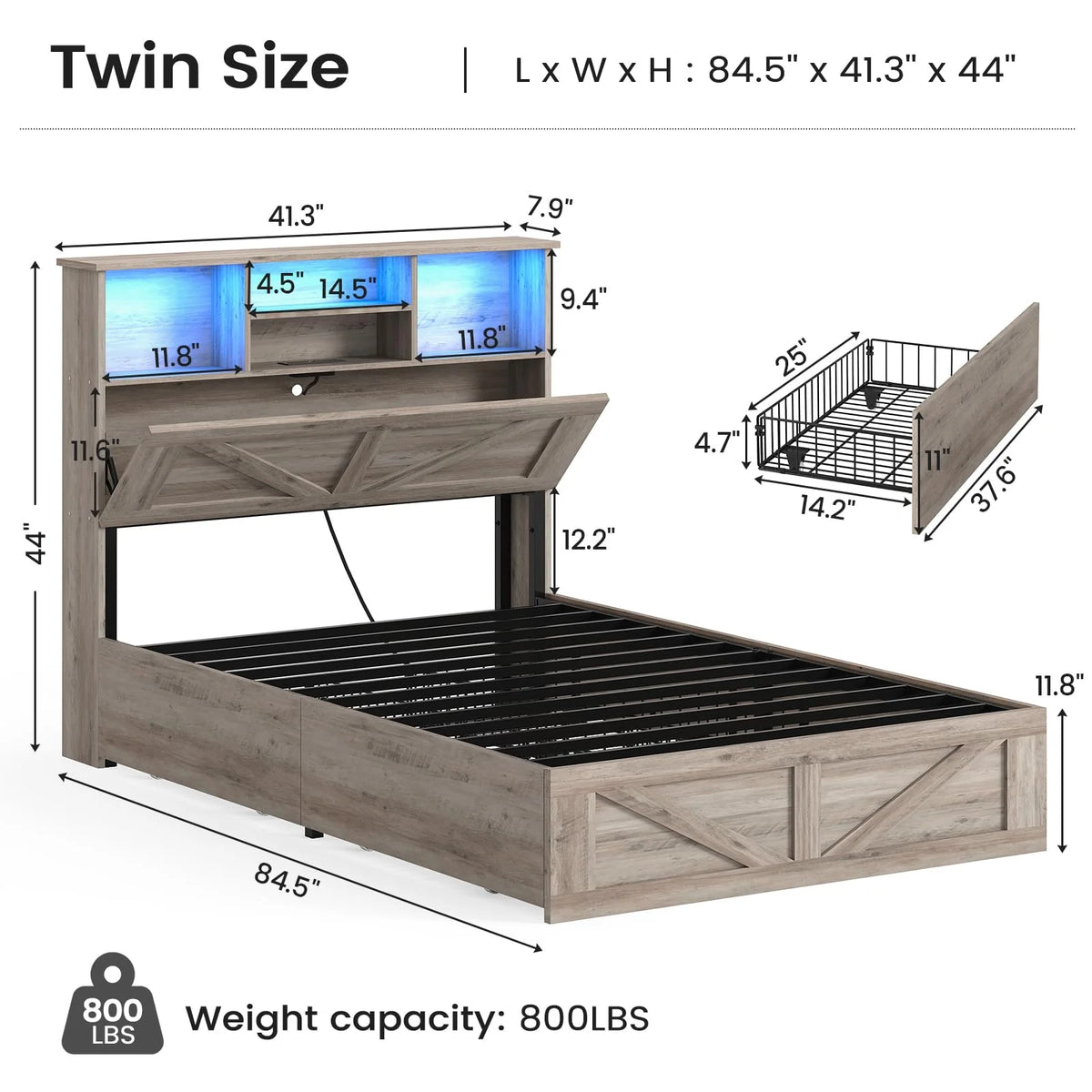 Twin Bed Frame with 4 Storage Drawers and Charging Station, Farmhouse Wooden Led Twin Bed with Storage Hidden Space Headboard and Metal Slats, Gray