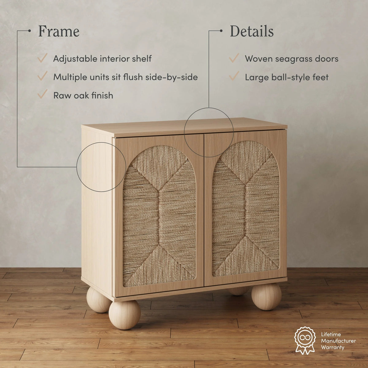 Nathan James Leah Boho Entryway Storage Cabinet or Sideboard Cabinet for Kitchen or Living Room with Ball-Style Feet, Natural Seagrass Door Fronts and Solid Wood Legs, Raw Oak