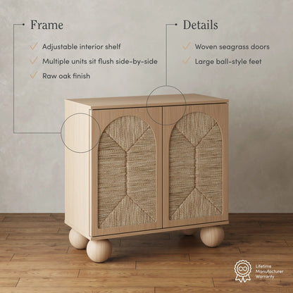 Nathan James Leah Boho Entryway Storage Cabinet or Sideboard Cabinet for Kitchen or Living Room with Ball-Style Feet, Natural Seagrass Door Fronts and Solid Wood Legs, Raw Oak
