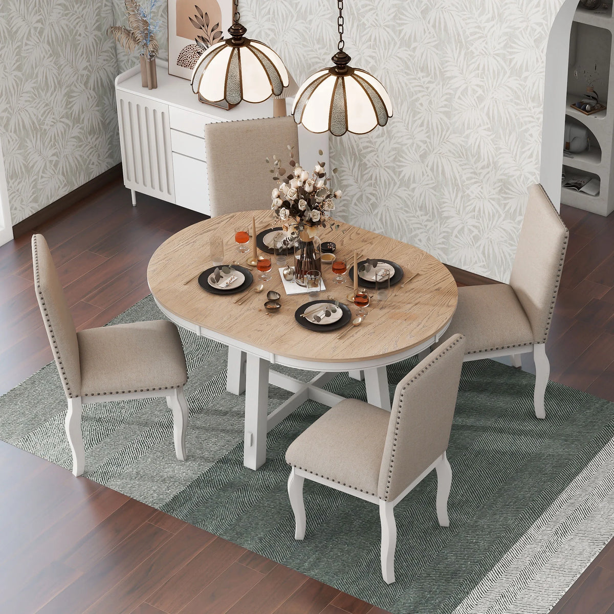 Harper & Bright Designs Round Extendable Dining Table Set for 4, 5 Piece Farmhouse Wood Dining Table Set with 4 Upholstered Dining Chairs, Natural Wood Wash