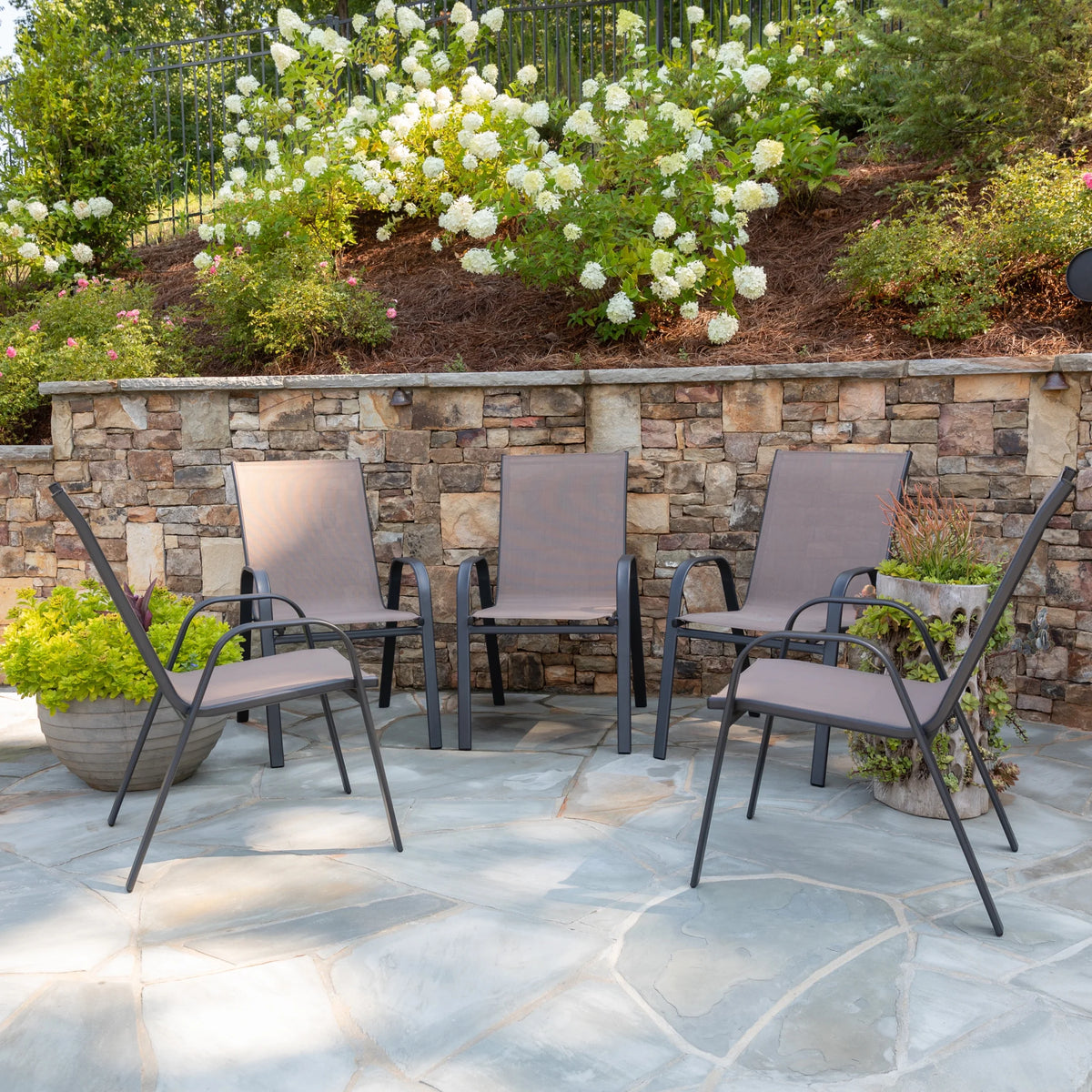 Flash Furniture 5 Pack Brazos Series Brown Outdoor Stack Chair with Flex Comfort Material and Metal Frame