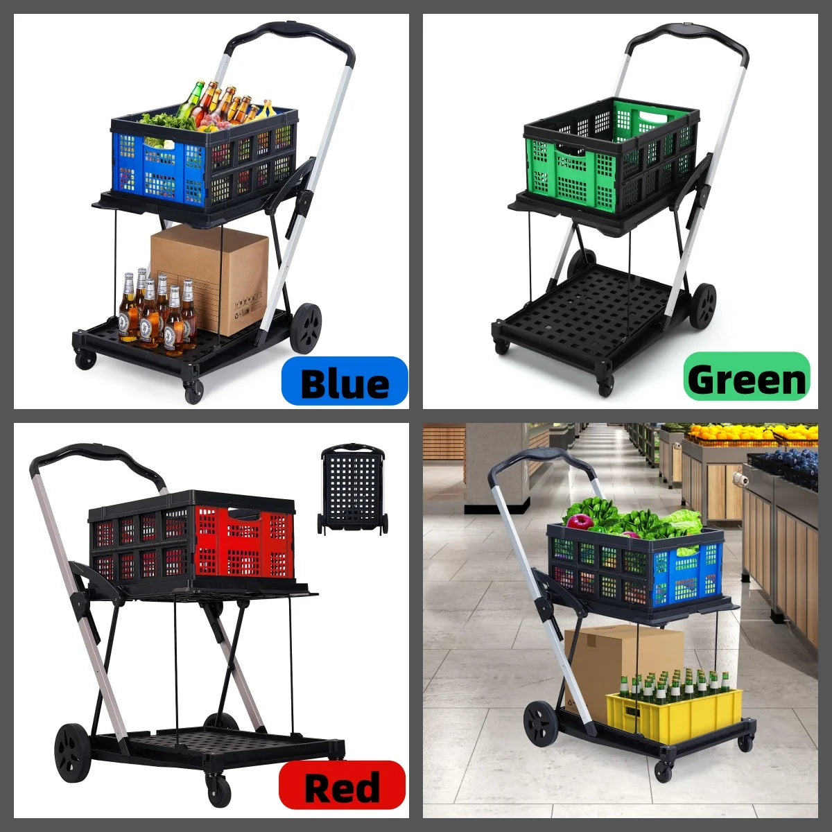 Garvee Foldable Shopping Cart for Groceries, 2-Tier Collapsible Utility Carts with Wheels & Removable Storage Crate, Aluminium & PP, Portable for Supermarket & Home Use
