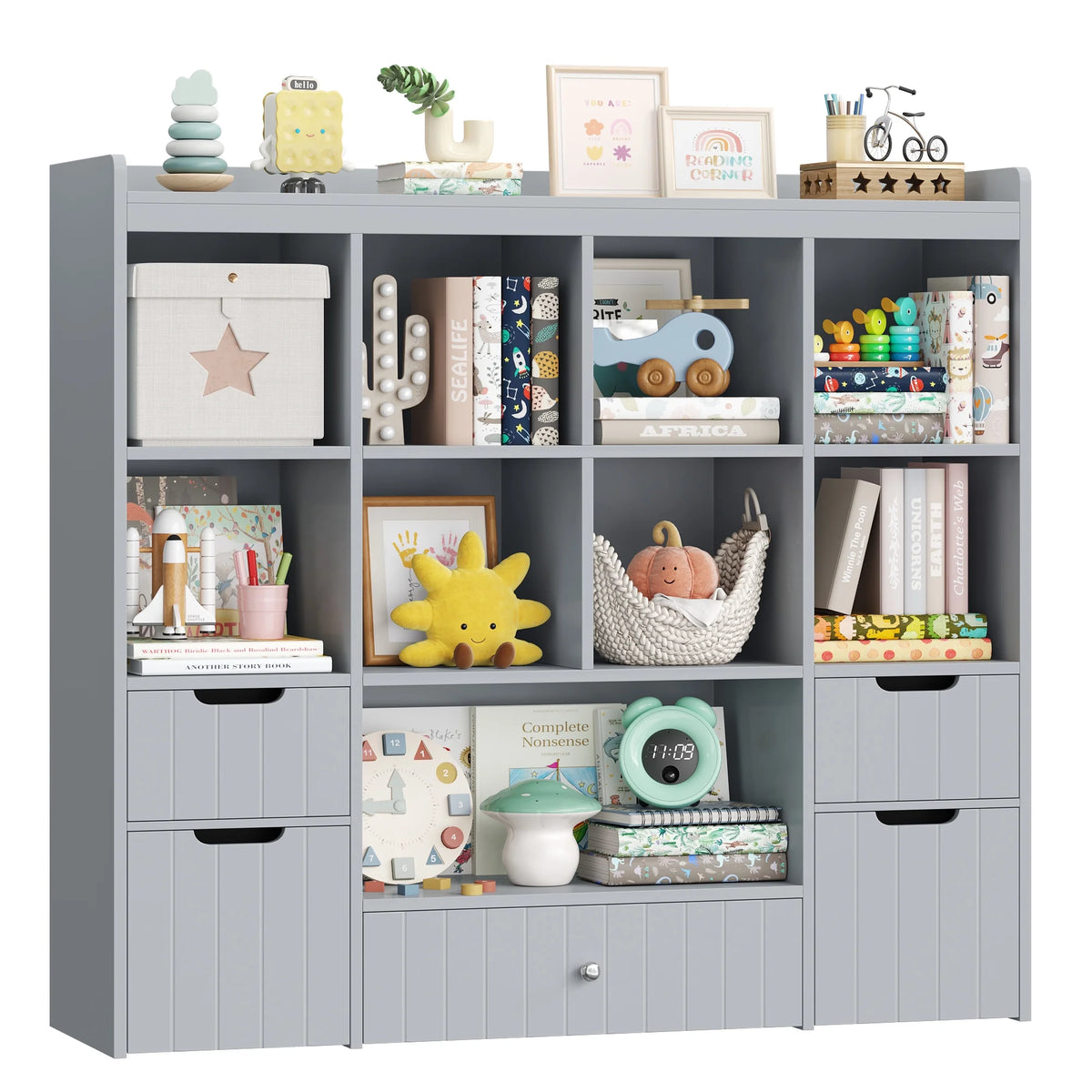 Homfa Kids Toy Storage Organizer with Cubby, Kids Toy Storage Chest with Removable Drawers, Kids Bookcase for Playroom Bedroom Living Room, Pink