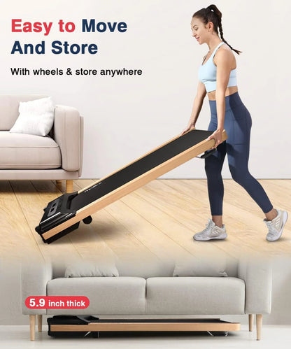 Ecotronic Indoor Electric Walking Pad with Natural Wood Finish, 2.25HP Motor, LED Display, Remote Control, and Incline
