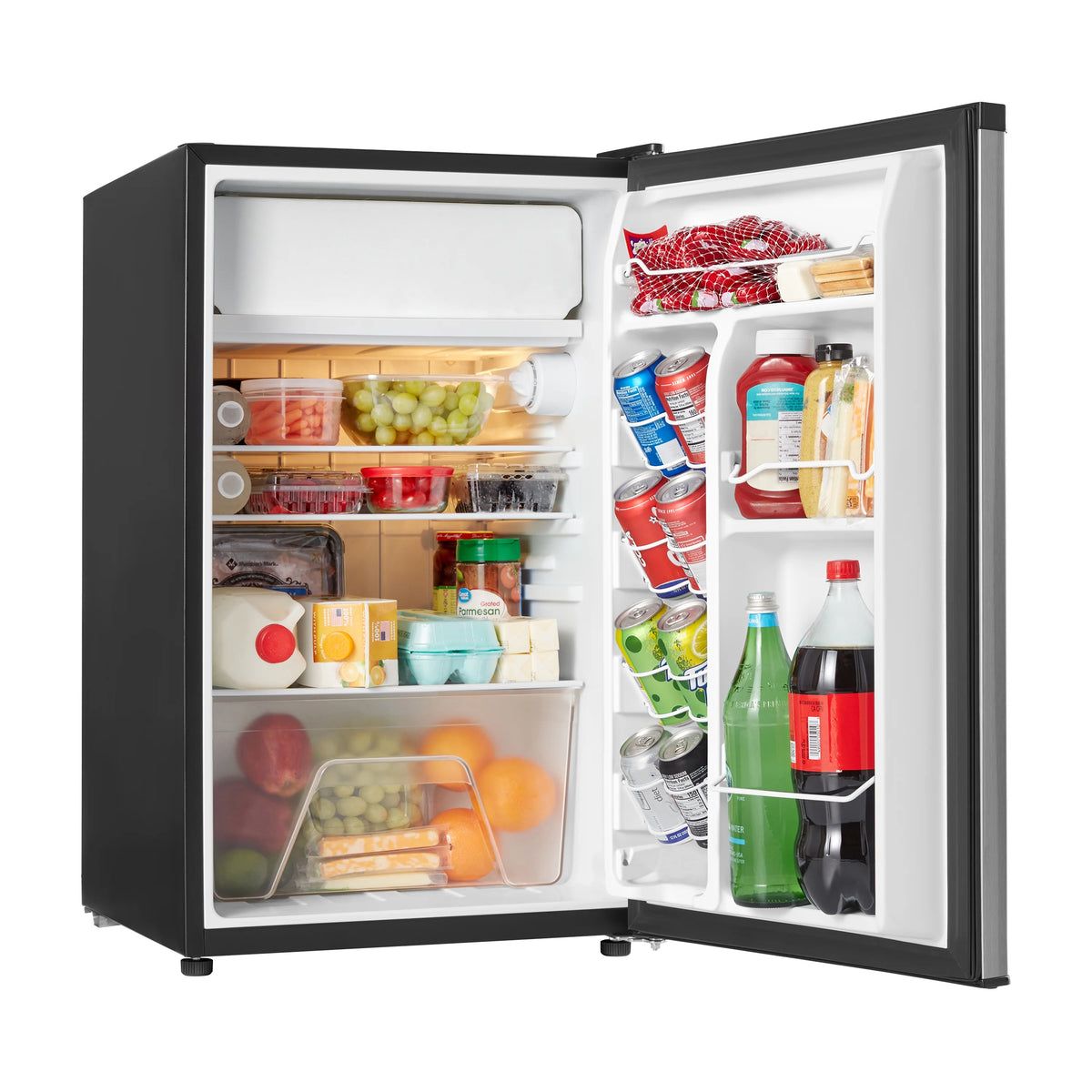 Galanz 4.3 Cu ft Single Door Mini Fridge, Stainless Steel Look, New, Width 19.12"