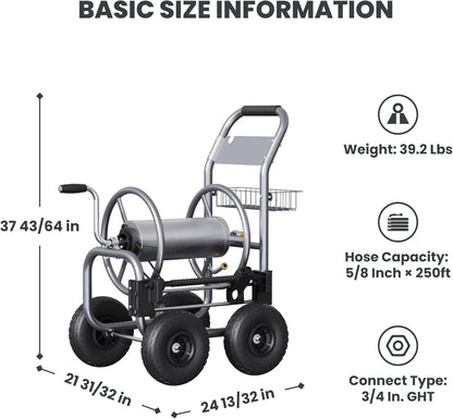 Giraffe Tools Heavy Duty Industrial Garden Hose Reel Cart with Wheels, 5/8in-250ft Hose Capacity