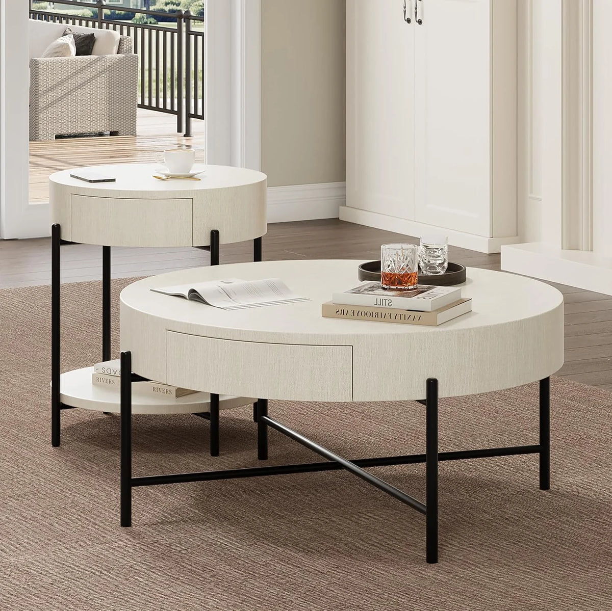 Round Coffee Table with Drawers Circle Living Room Table Wood Accent Coffee Table with Storage White Center Table (Natural)