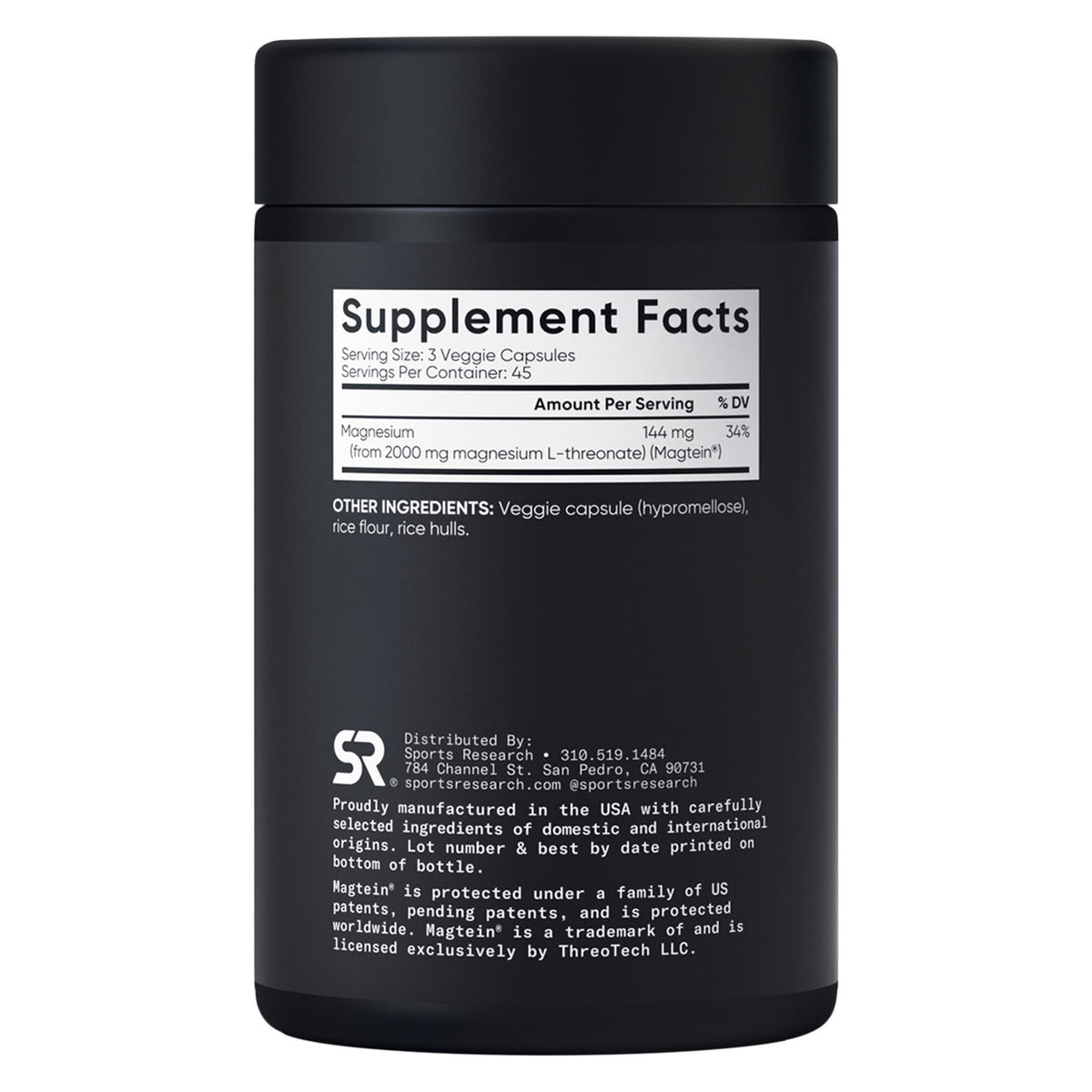 Sports Research Magtein Magnesium L-Threonate, 2000 mg, 135 Veggie Capsules