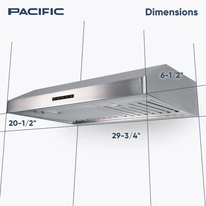 Pacific Economy Pro Under Cabinet Ducted Range Hood 30 inch - 850 CFM 3-Speed Powerful Kitchen Vent Hood - Electric Stainless Steel - Ultra Quiet, Glass Touch Control, 6W LED Lights PR6830AS