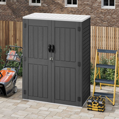 Uforic Outdoor Storage Shed, Vertical Lockable Tool Storage Resin Shed for Garden, Garage, Patio, No Shelves Included, Brown
