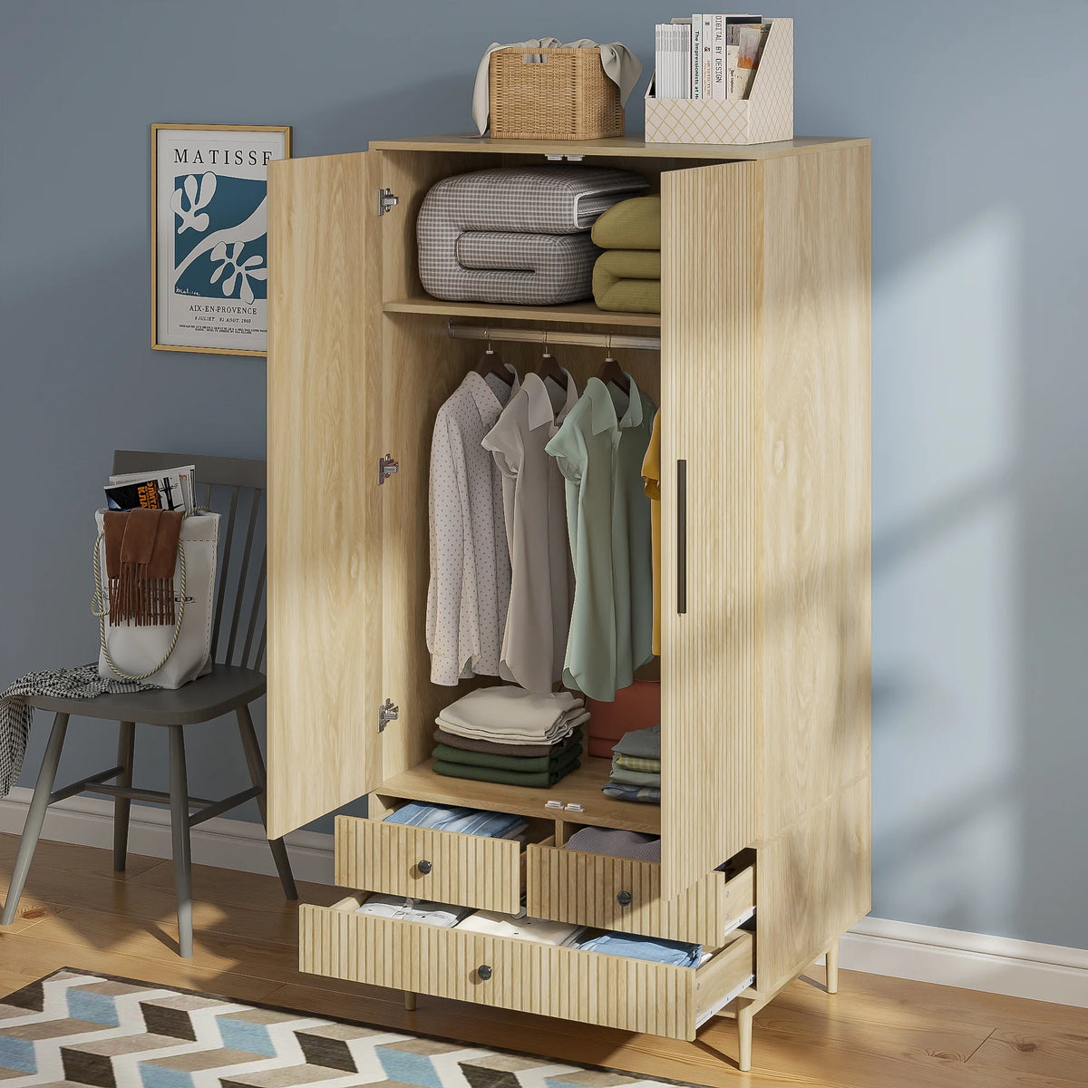 Armoire Wardrobe Closet, Closet Wardrobe Cabinet with Drawers and Hanging Rail for Bedroom, White