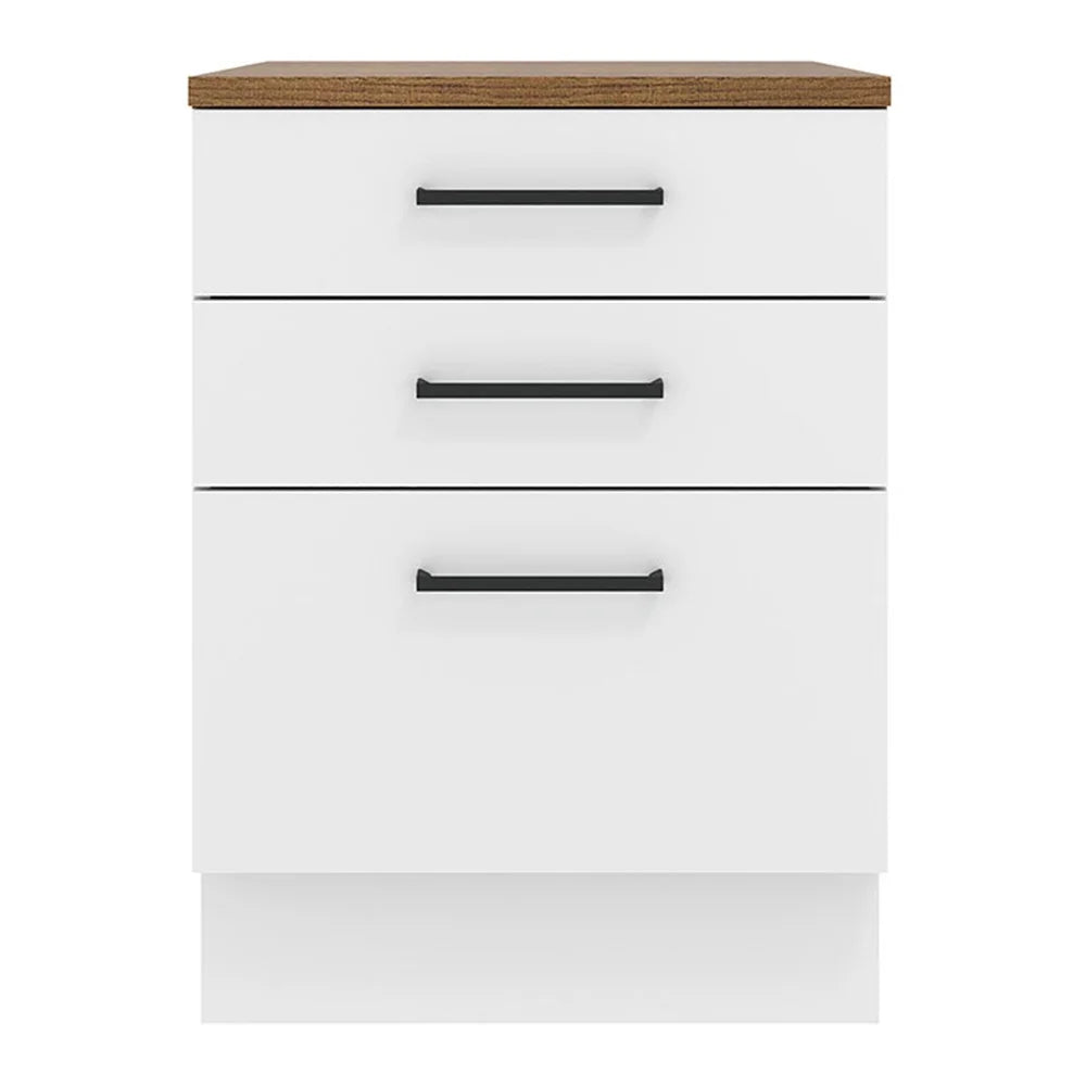 Madesa Hazel Kitchen Storage Base Cabinet with 3 Drawers 23 Inch Wide Engineered Wood Painted Finish Floor Mount Removable Plinth - White