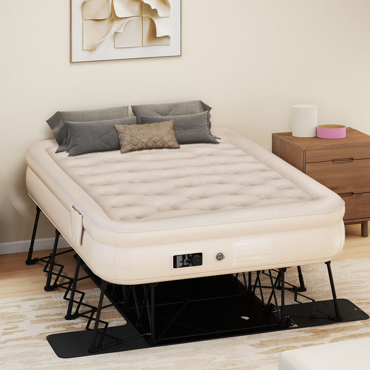Dextrus Inflatable Queen Air Mattress with Built-in Pump, Frame, Velvet Surface & Portable Storage Case, Khaki