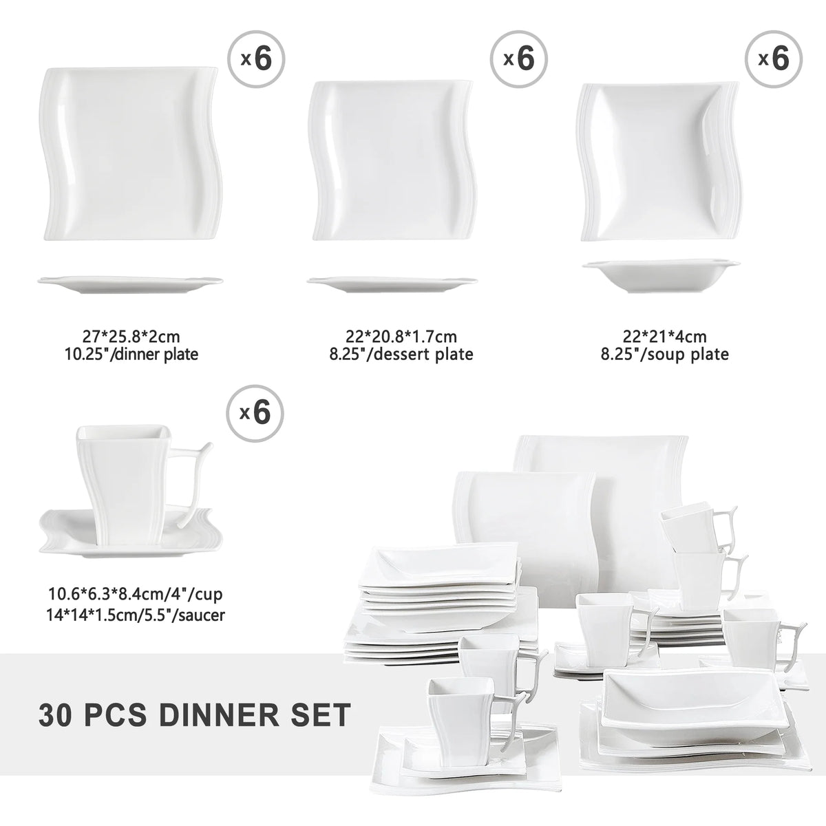 MALACASA Porcelain Tableware Sets, Ivory White, 30-Piece (6 Packs)