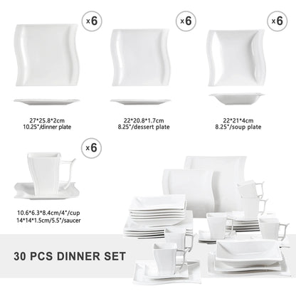 MALACASA Porcelain Tableware Sets, Ivory White, 30-Piece (6 Packs)