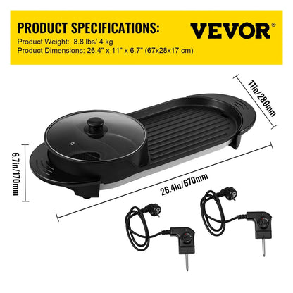 VEVOR 2 in 1 Electric Hot Pot and Grill, 2200W Separate Dual Temperature Control Electric Skillet, 5 Speed for Indoor Korean BBQ,Black