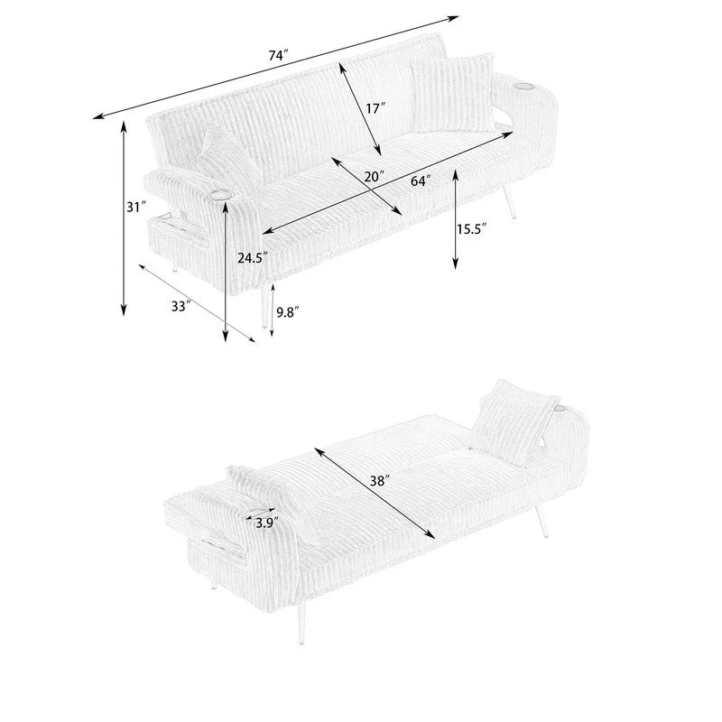 FFH Modern Corduroy Futon Sofa Bed with Adjustable Backrest,Convertible Loveseat Sleeper,Soft Couch with Drop-Down Table and Cup Holder for Living room,Pink