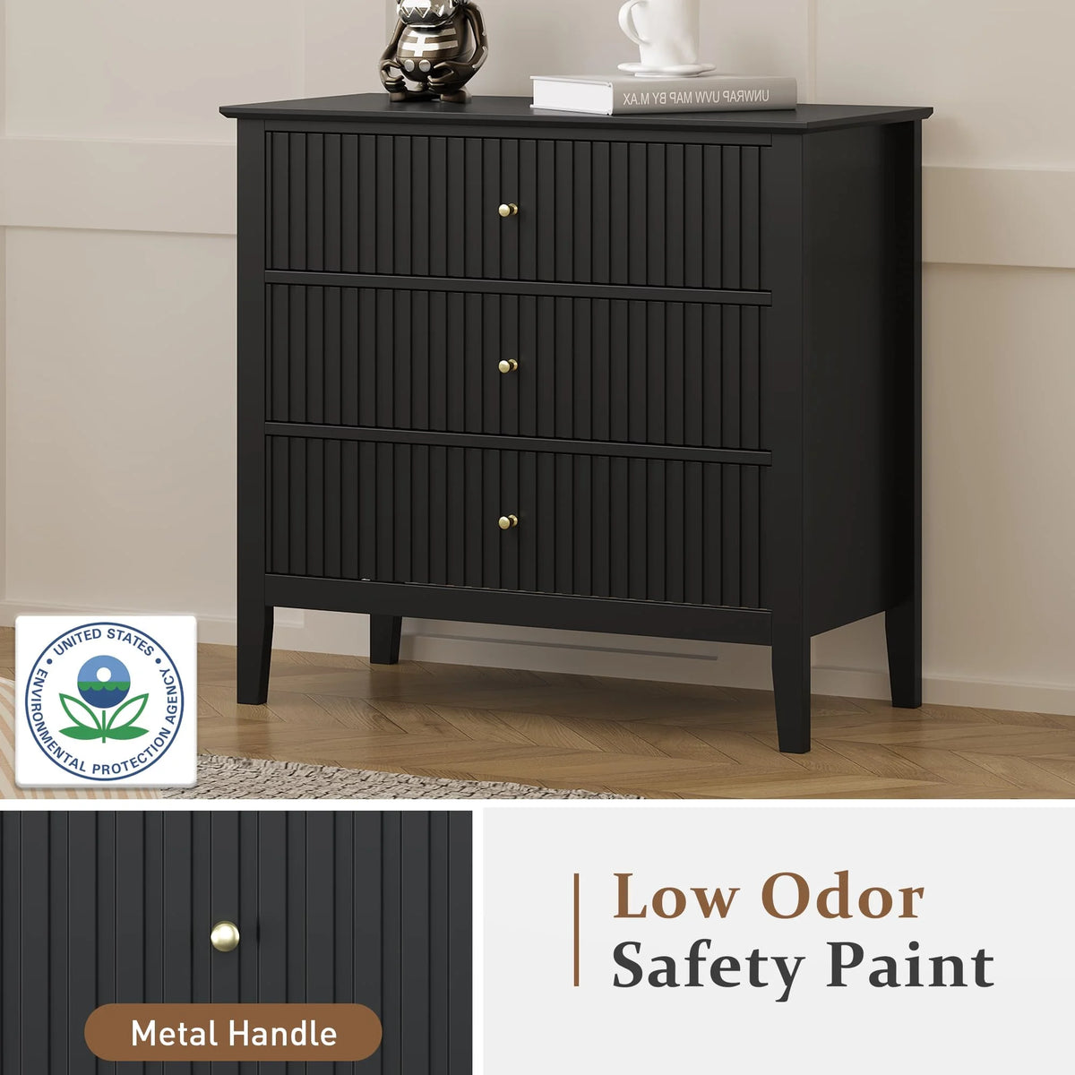 May Color Large White 3 Drawer Dresser Set of 2 with Fluted Panel, Modern Chest of Drawers with Silent Slide Drawers, Wood Accent Nightstand with Storage for Bedroom Living Room, Hallway