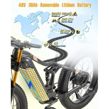 Dual Motors AWD 2000W Electric Bike for Adult 26'' UL2849 48V 30AH E-mountain bike 4.0 Fat Tire up to 35MPH&120Miles Long Range Off-road Ebike Dual Hydraulic Disc Brakes&Ful Suspension Electric Bicyc