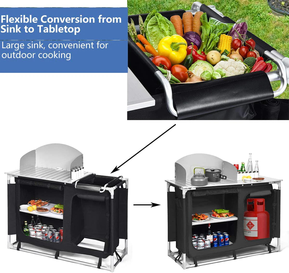 Camping Kitchen Table, Camping Grill Table w/Windscreen & Storage Organizer, Outdoor Kitchen Cook Station with Basin for BBQ, Party, Picnics, Backyards, BBQ Table