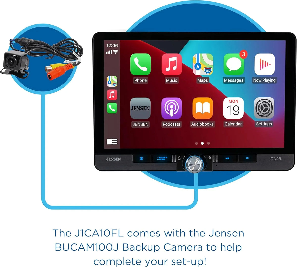 Jensen J1CA10FL-BUC 10.1-inch Certified Apple CarPlay Android Auto Wired or Wireless | Single DIN and Double DIN Touchscreen Car Stereo Radio | Bluetooth | USB Charge | Backup Camera Included