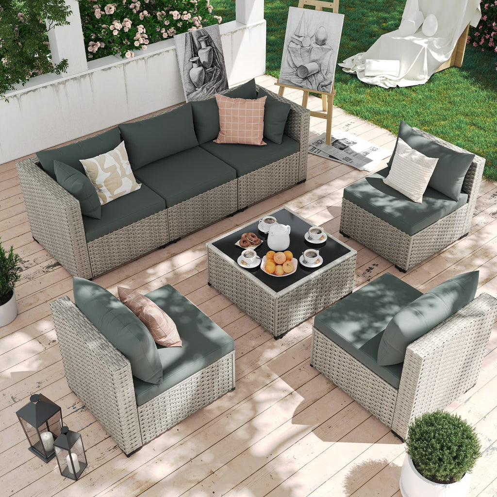 7 Pieces Patio Conversation Set, Outdoor Sectional PE Rattan Wicker Furniture Seat,Dark Gray