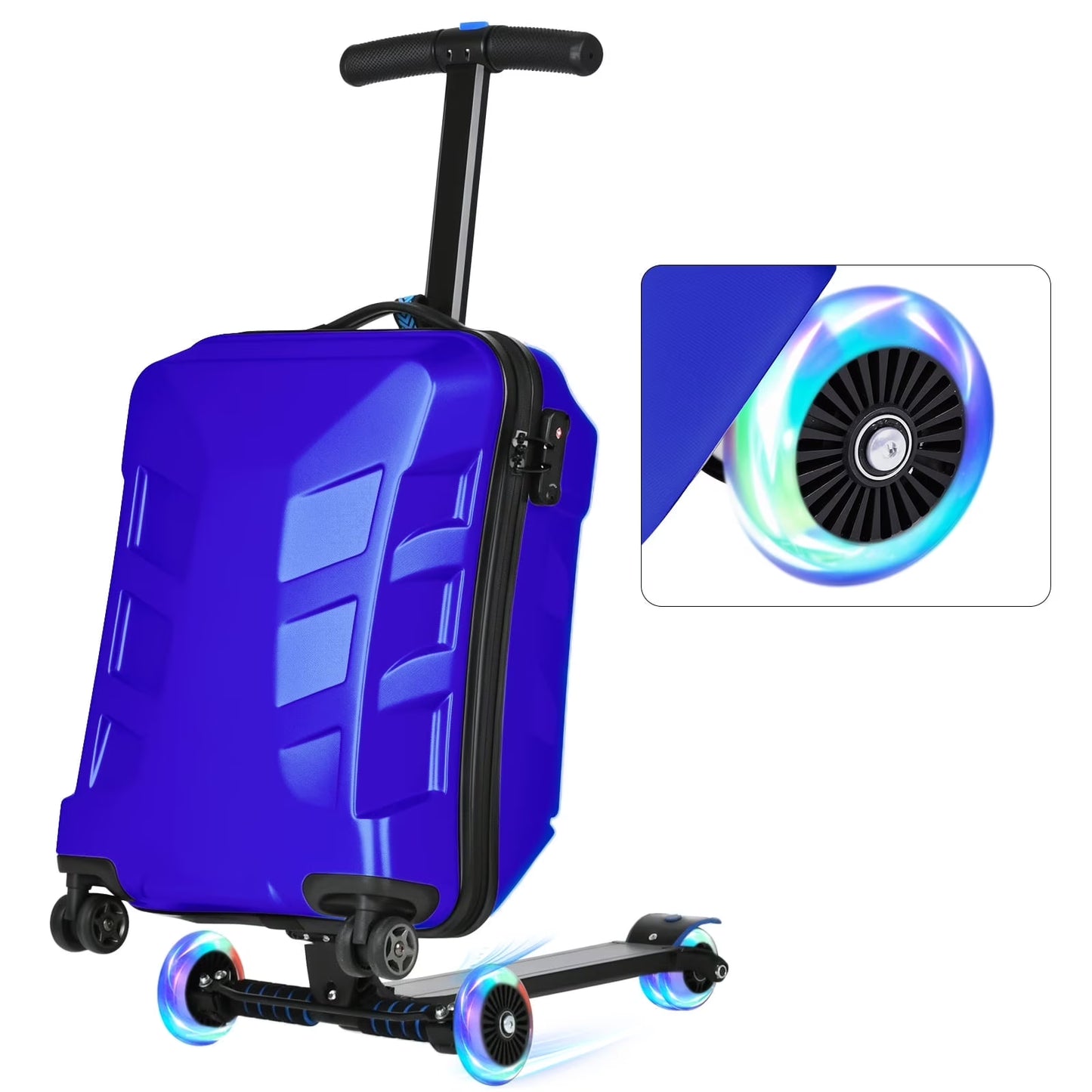Advwin Scooter Suitcase for Kids & Adults, 3-D Hardshell Ride On Scooter Luggage with LED Light Up Wheels, TSA Lock, Lightweight Foldable Carry On Rideable Suitcase for Children Teenagers, Silver
