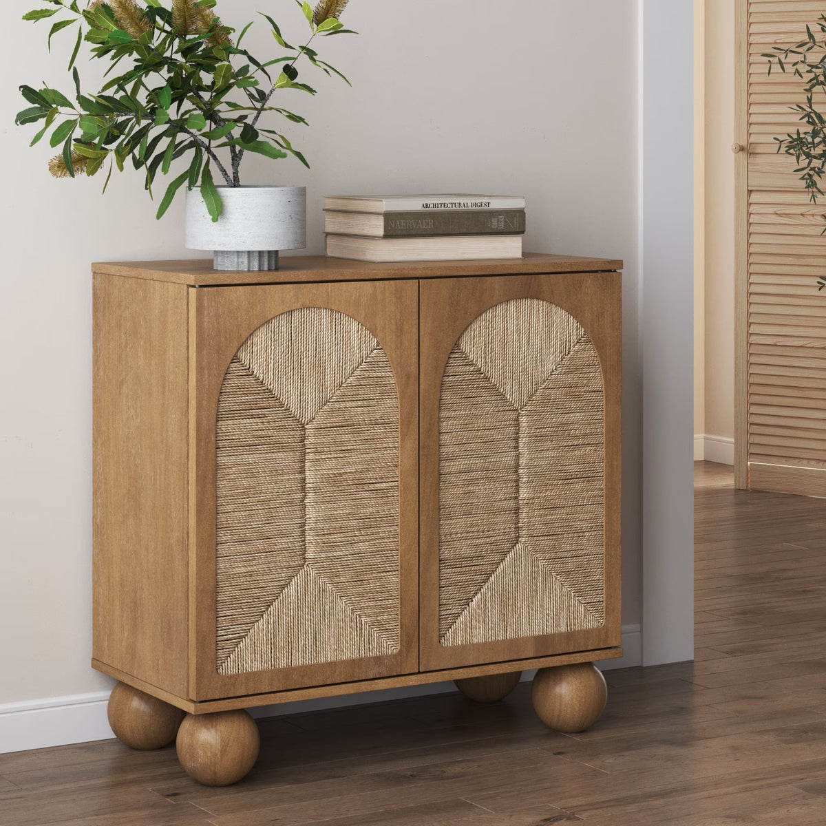 Nathan James Leah Boho Entryway Storage Cabinet or Sideboard Cabinet for Kitchen or Living Room with Ball-Style Feet, Natural Seagrass Door Fronts and Solid Wood Legs, Raw Oak