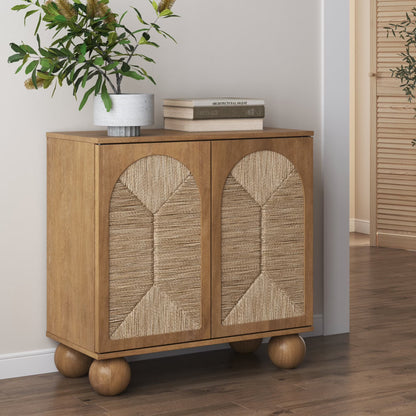 Nathan James Leah Boho Entryway Storage Cabinet or Sideboard Cabinet for Kitchen or Living Room with Ball-Style Feet, Natural Seagrass Door Fronts and Solid Wood Legs, Raw Oak