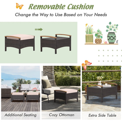 Costway Set of 2 Patio Rattan Ottoman Footrest Cushions Wooden Handle Beige